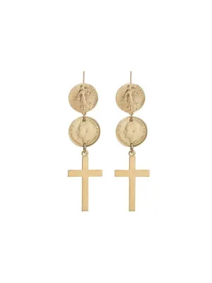 Gold Double Coin Cross Earrings