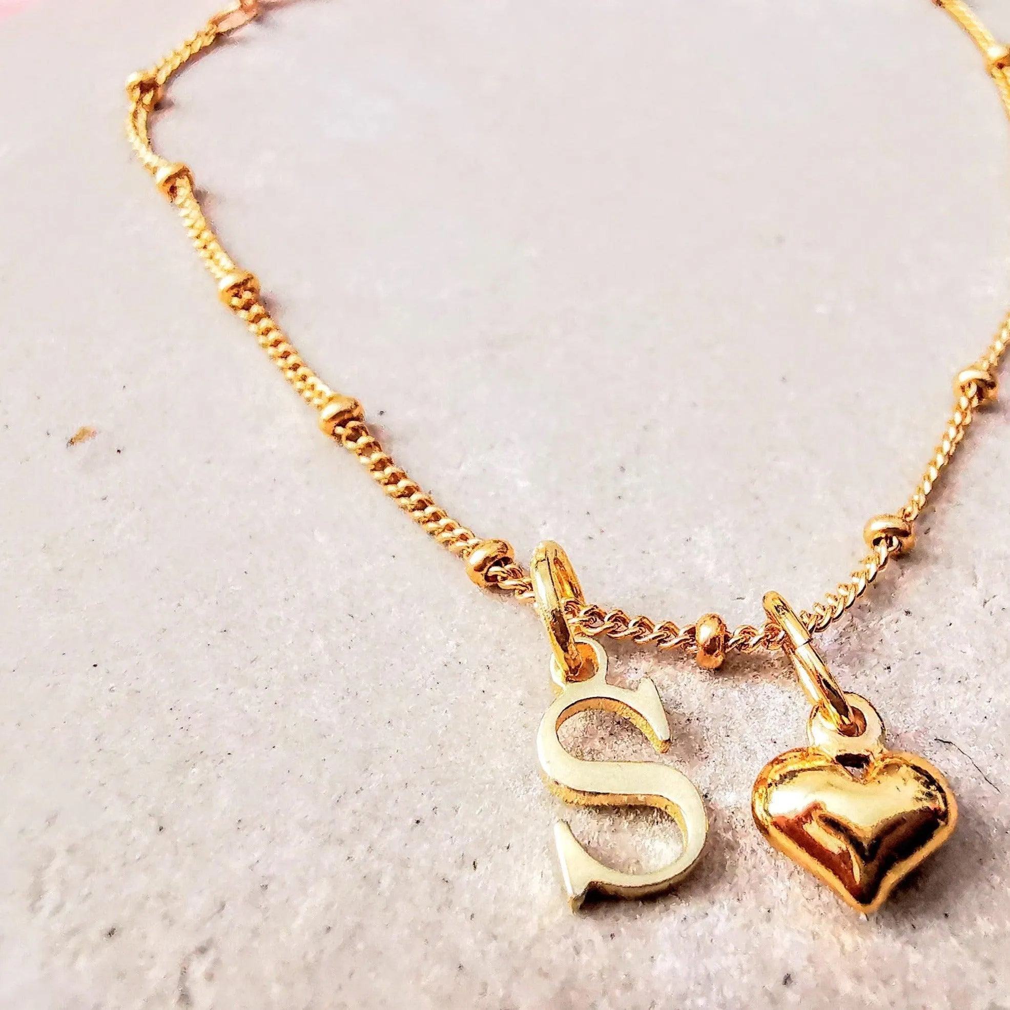 Gold Heart and Initial Satellite Bracelet