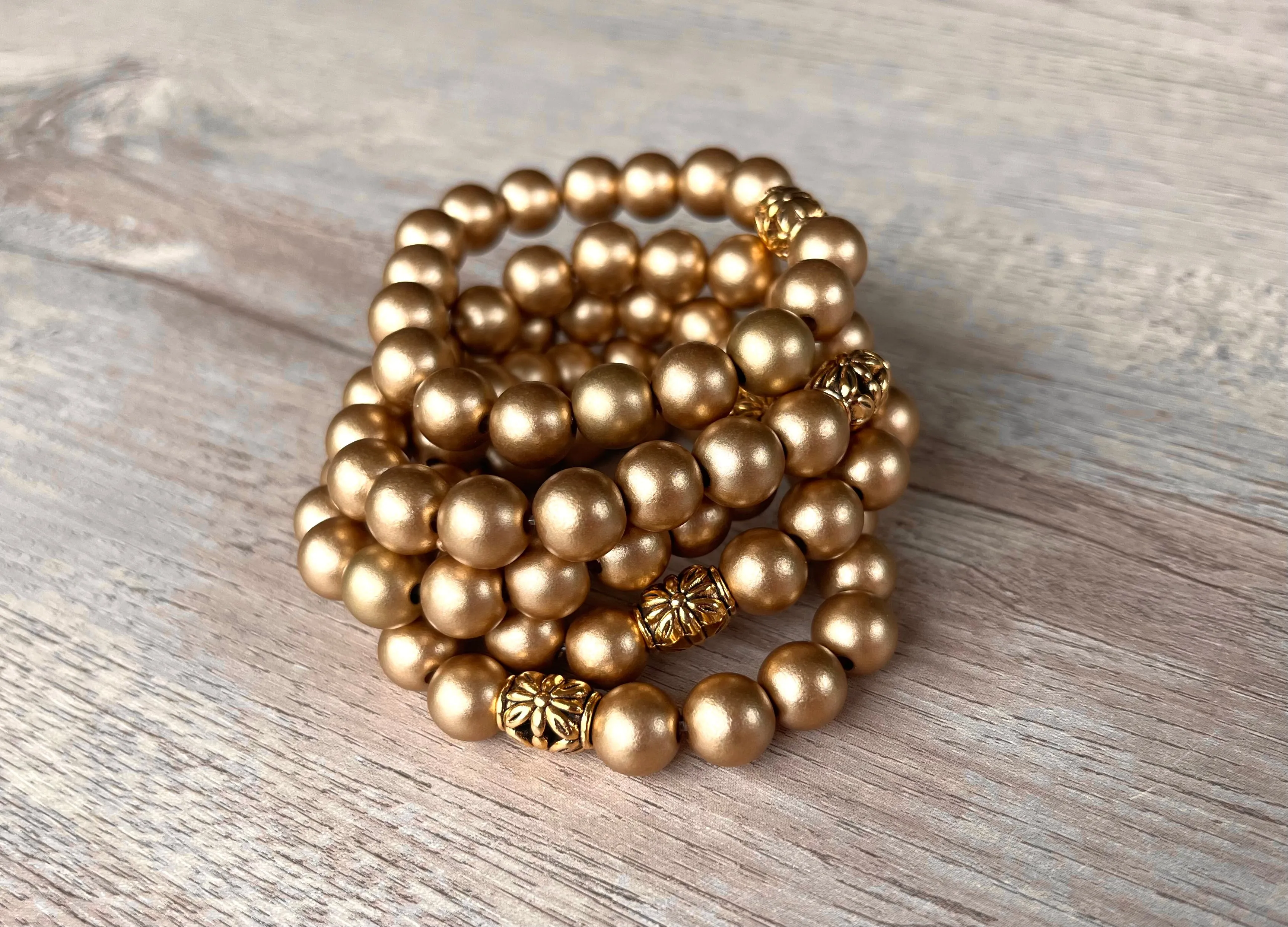 Gold Matte Acrylic Beaded Womens Bracelet - Alana