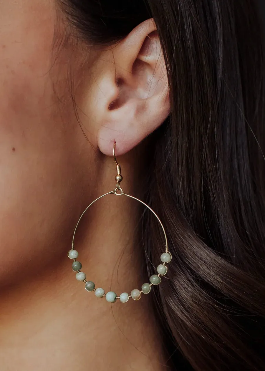 Gold Wire Hoop & Sage Bead Earrings