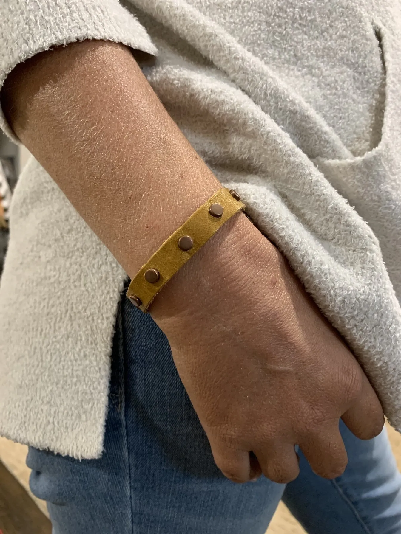 Golden Yellow Leather Bracelet w/Copper Studs