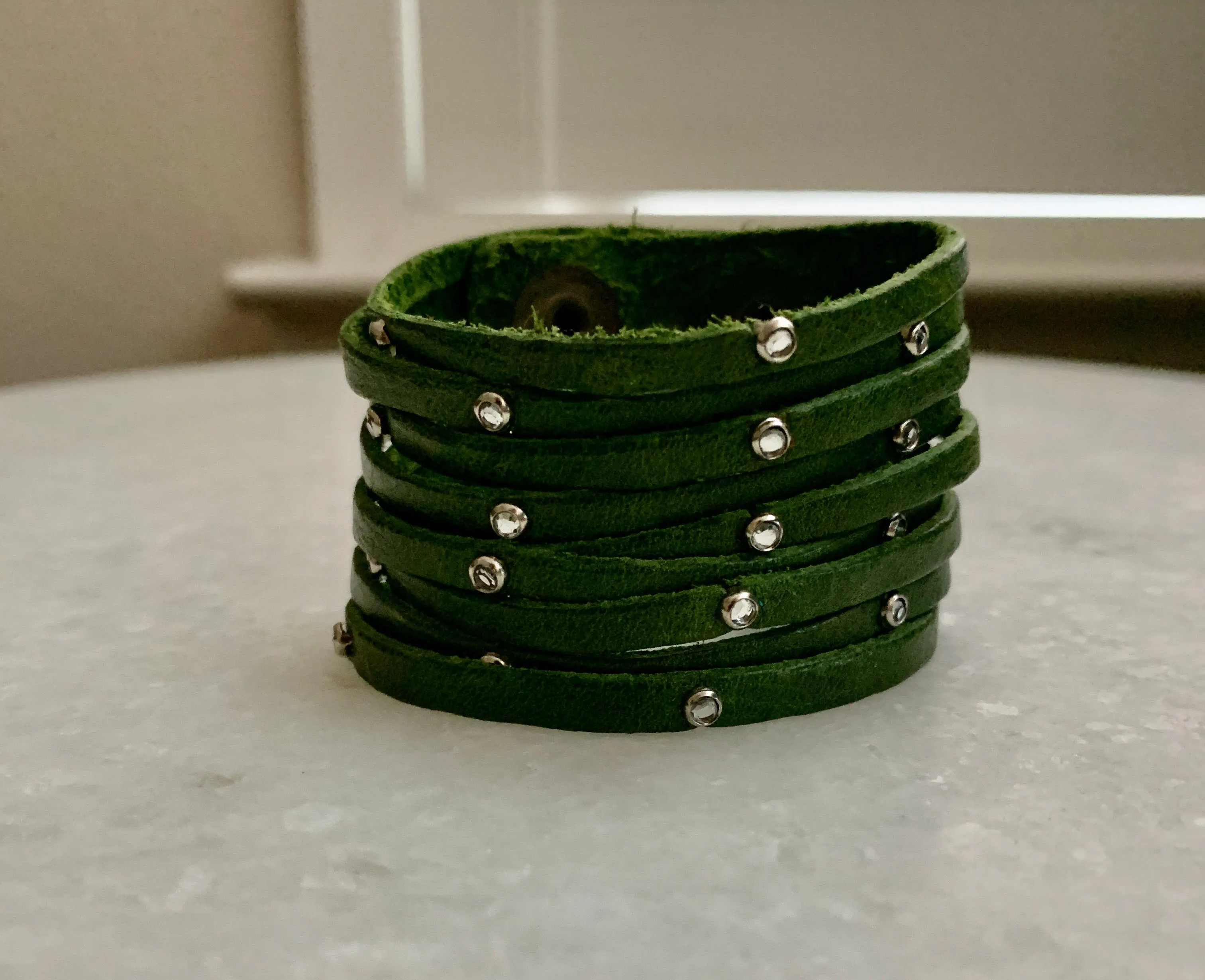 Green Leather Bracelet w/Cz Studs