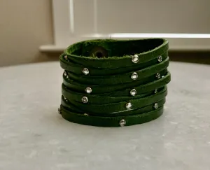 Green Leather Bracelet w/Cz Studs