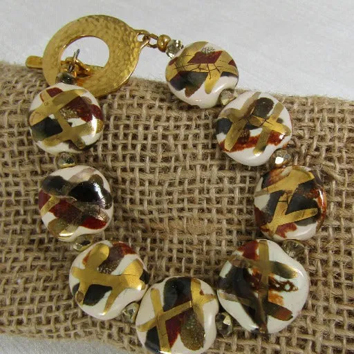 Handmade Kazuri Bracelet in Cream, Brown & Gold Fair Trade Beads