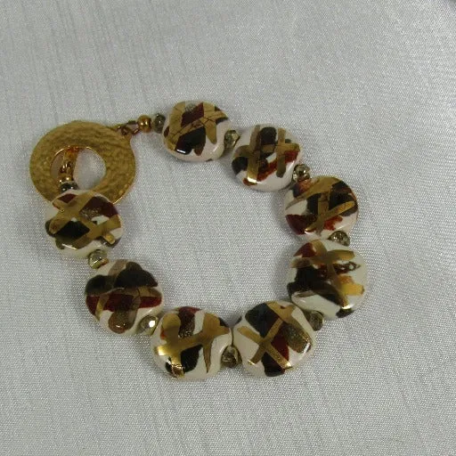 Handmade Kazuri Bracelet in Cream, Brown & Gold Fair Trade Beads