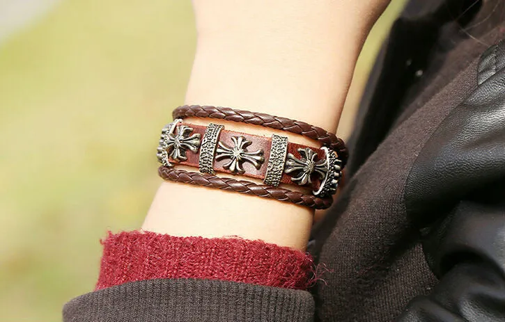 Handmade Vintage Cross Charm Leather Adjustable Bracelet Wristband Jewelry Bijouterie Unisex Girls Woman