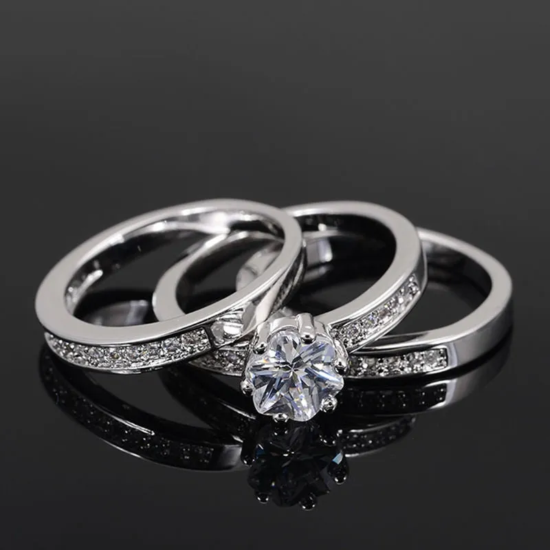 High Quality Eternity CZ Diamond Ring Lovers Set White Gold Plated Engagement Wedding Rings for Women Couple Jewelry