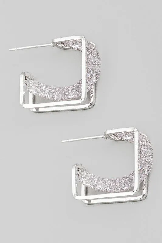 Jaye Metallic Mesh Square Hoop Earrings Silver