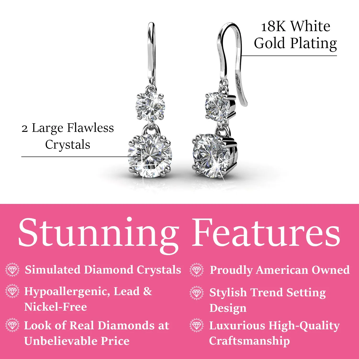 Kadence 18k White Gold Plated Drop Dangle Earrings with Swarovski Crystals