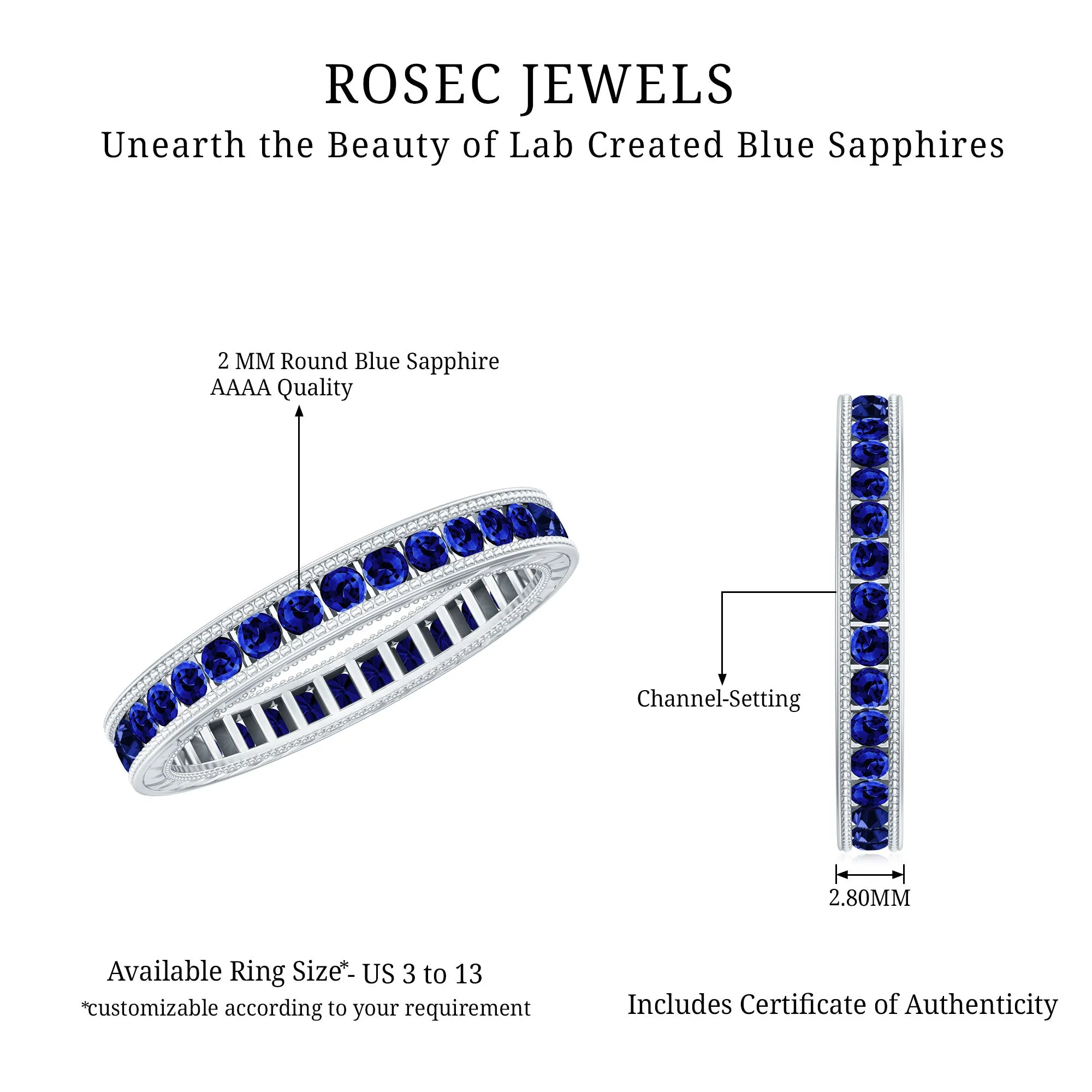 Lab Created Blue Sapphire Full Eternity Ring with Beaded Details