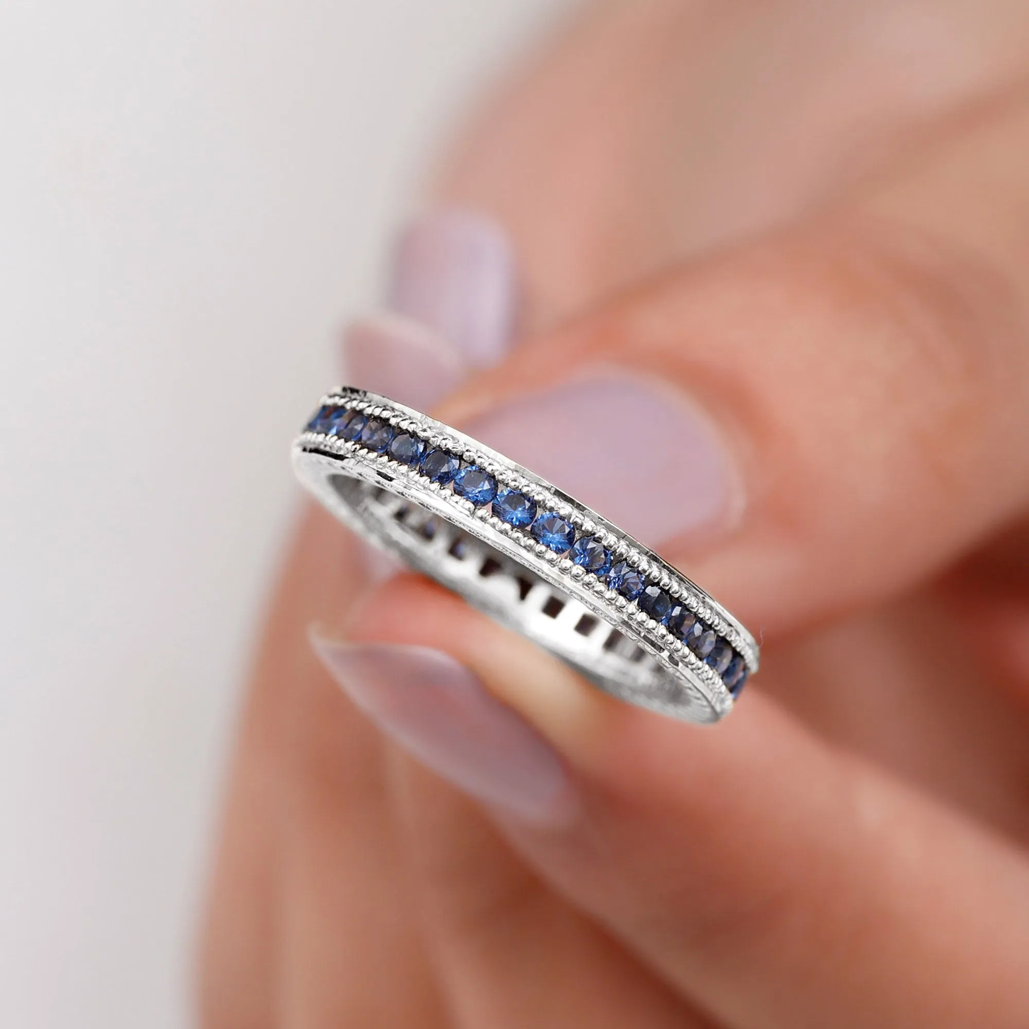 Lab Created Blue Sapphire Full Eternity Ring with Beaded Details