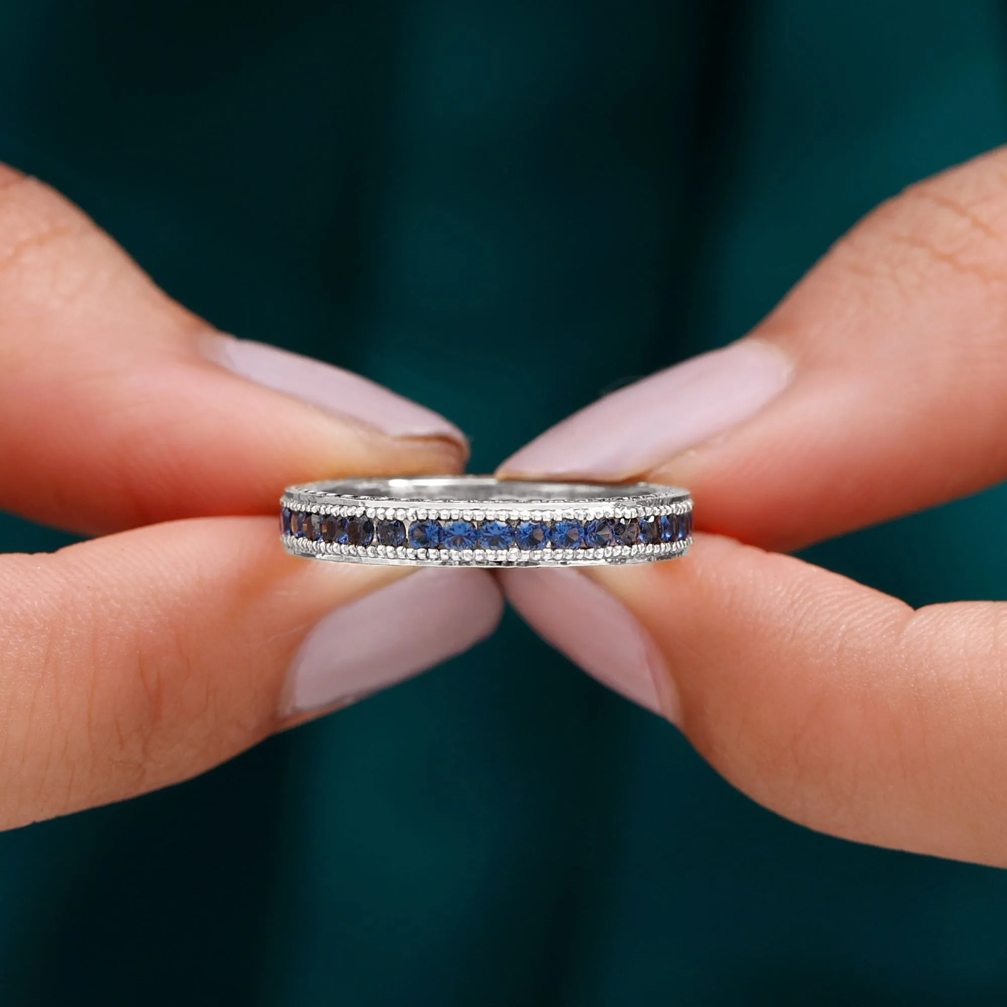 Lab Created Blue Sapphire Full Eternity Ring with Beaded Details