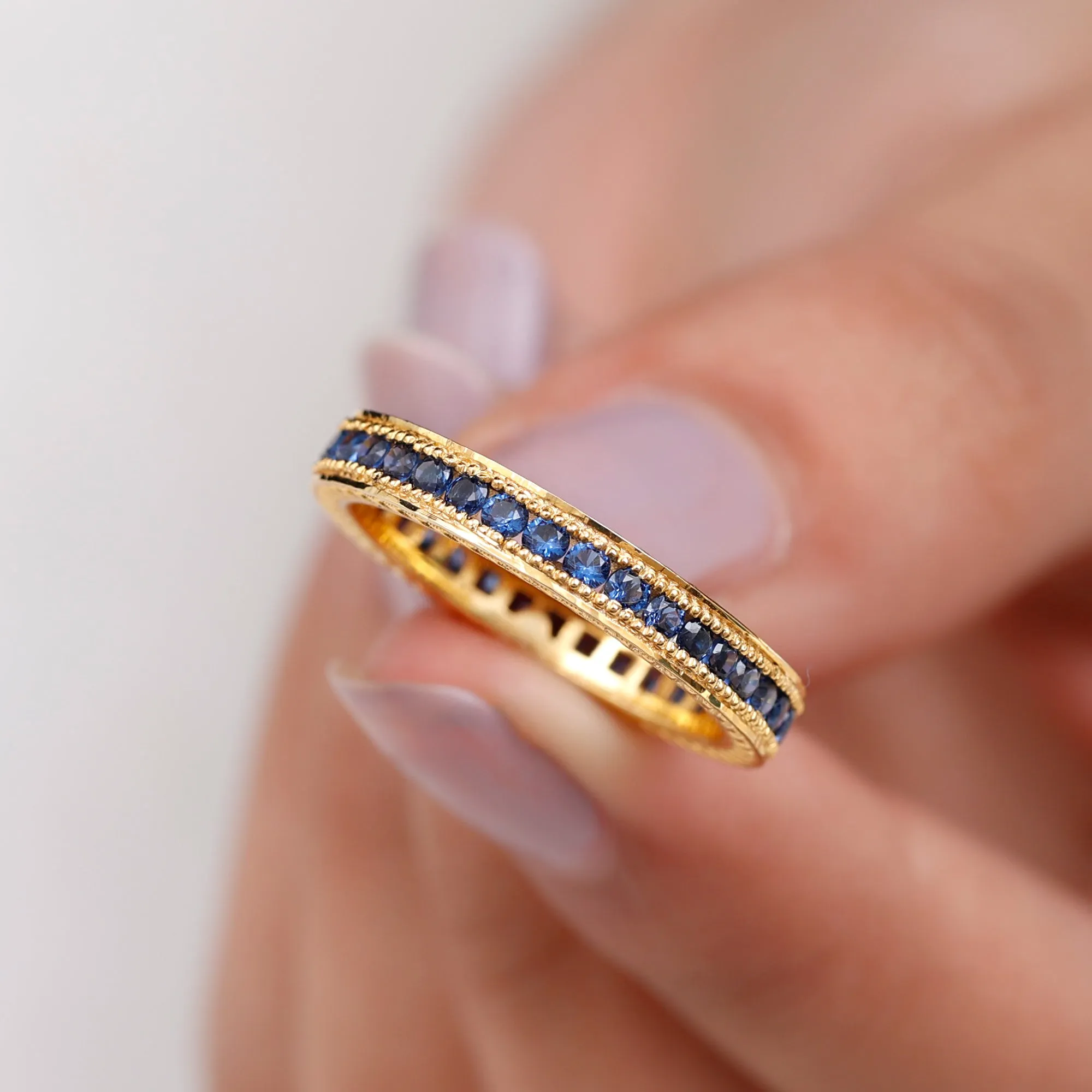 Lab Created Blue Sapphire Full Eternity Ring with Beaded Details