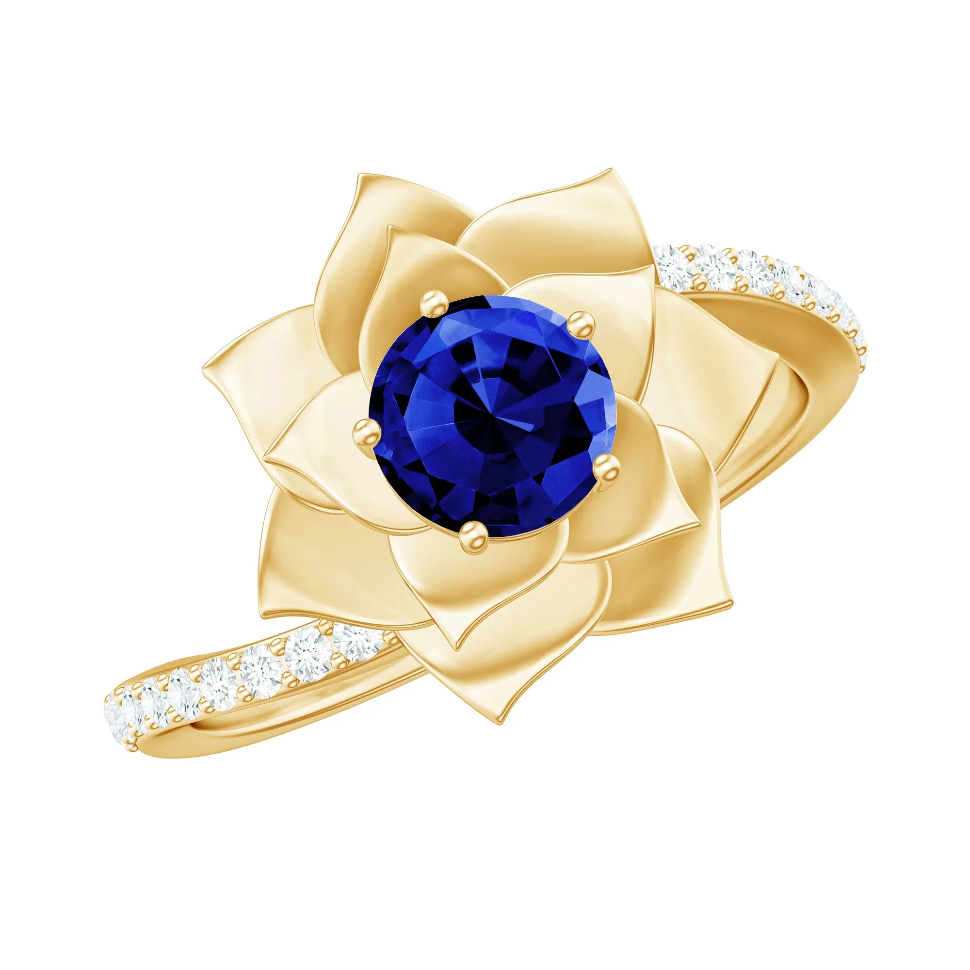 Lab Grown Blue Sapphire and Diamond Flower Bypass Ring