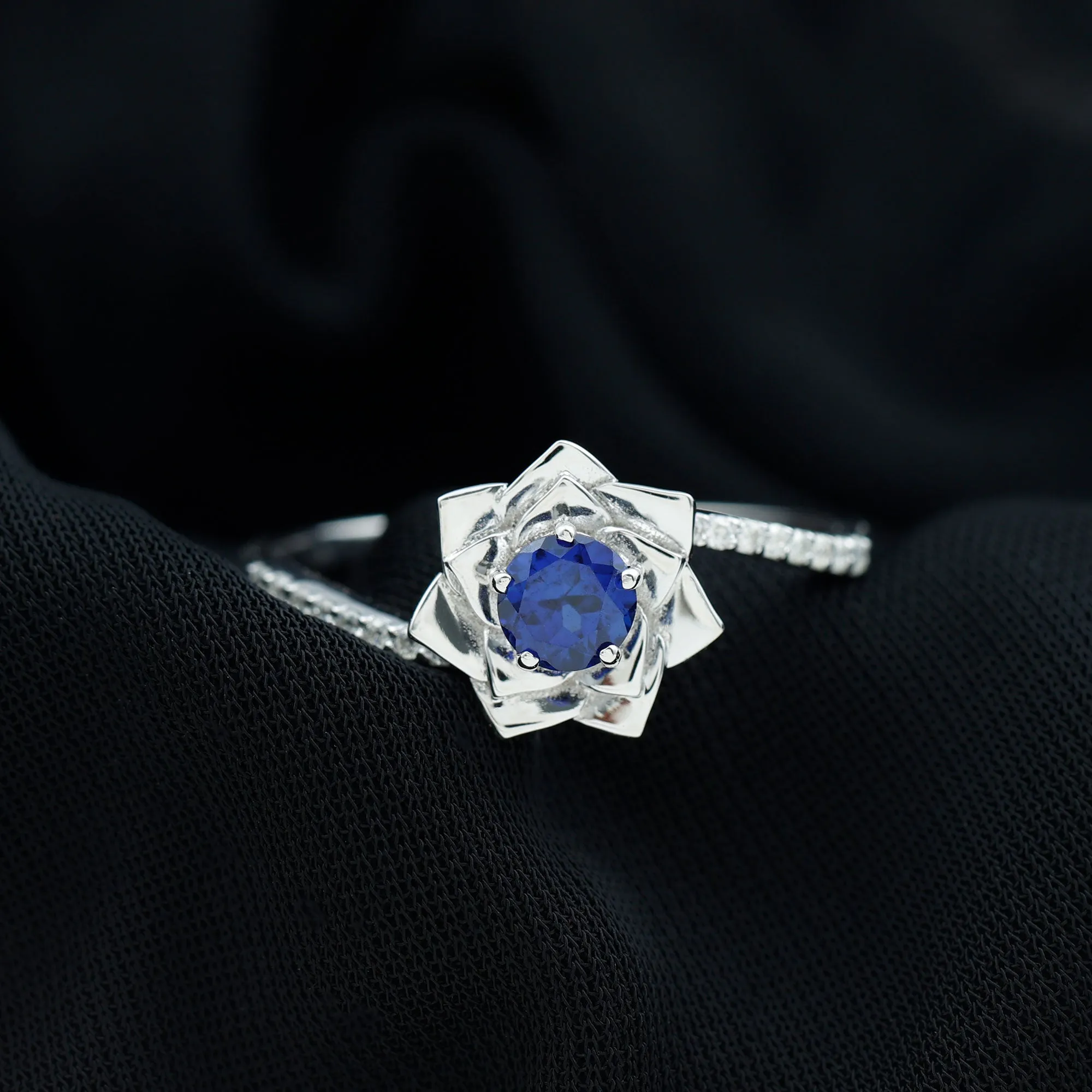 Lab Grown Blue Sapphire and Diamond Flower Bypass Ring