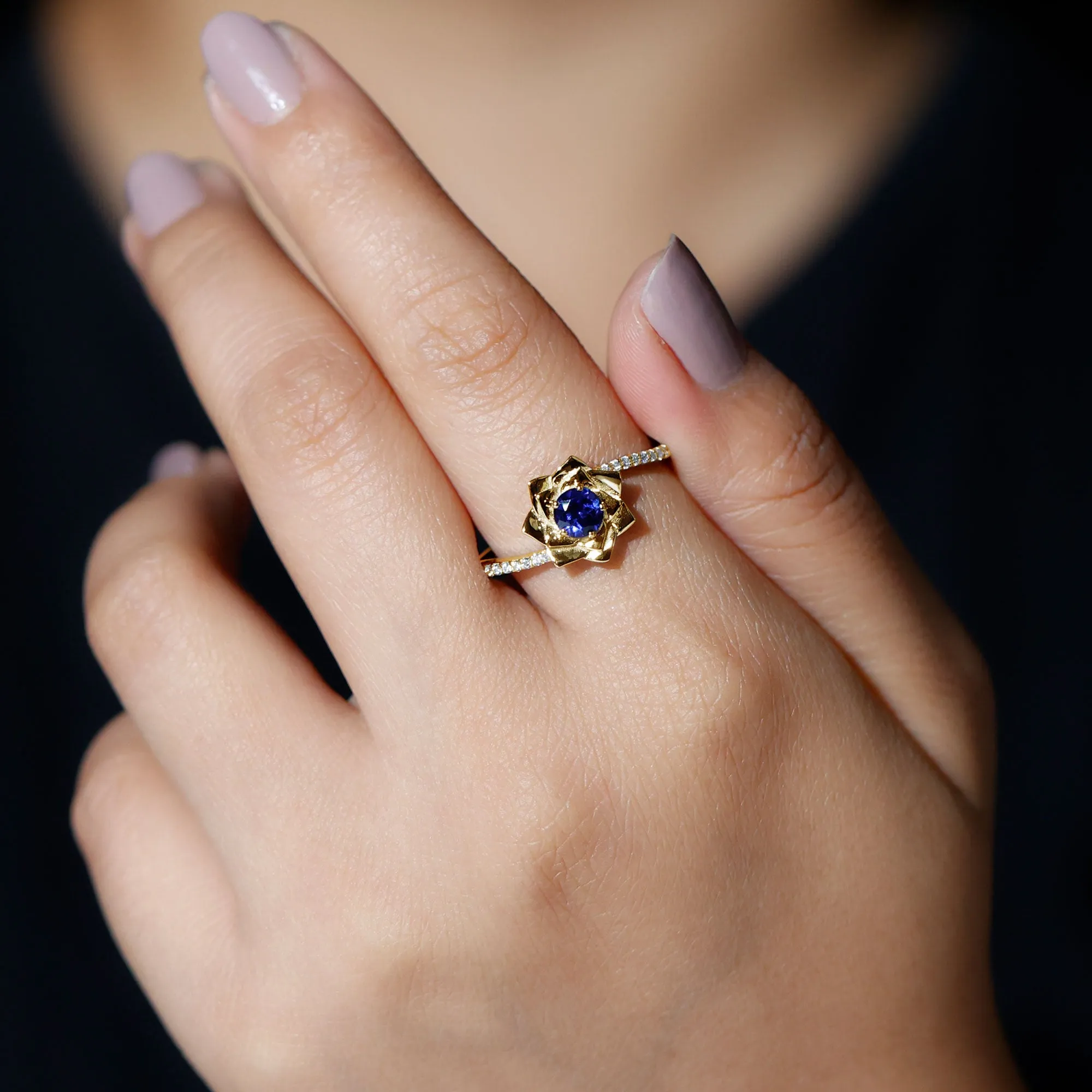 Lab Grown Blue Sapphire and Diamond Flower Bypass Ring