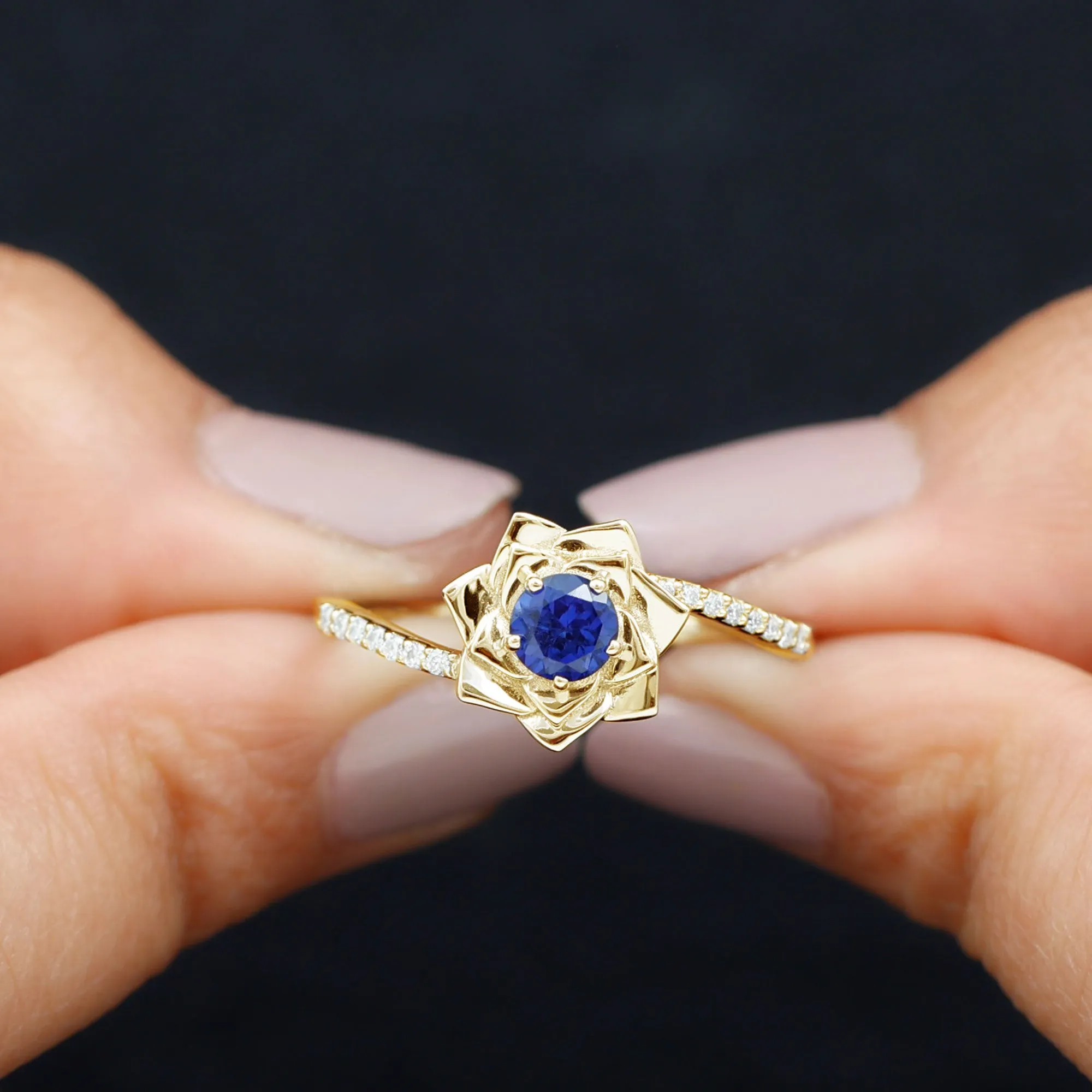 Lab Grown Blue Sapphire and Diamond Flower Bypass Ring