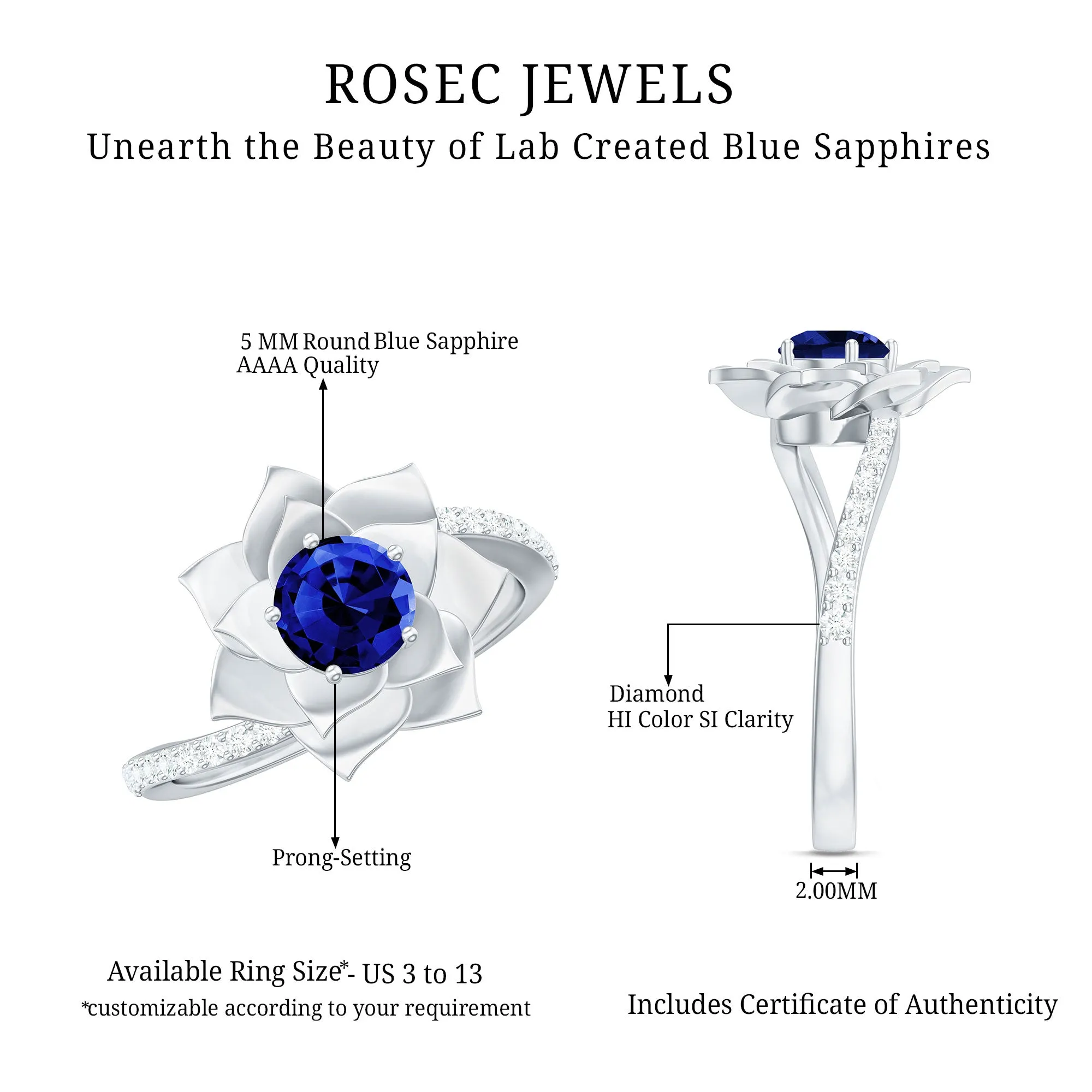 Lab Grown Blue Sapphire and Diamond Flower Bypass Ring