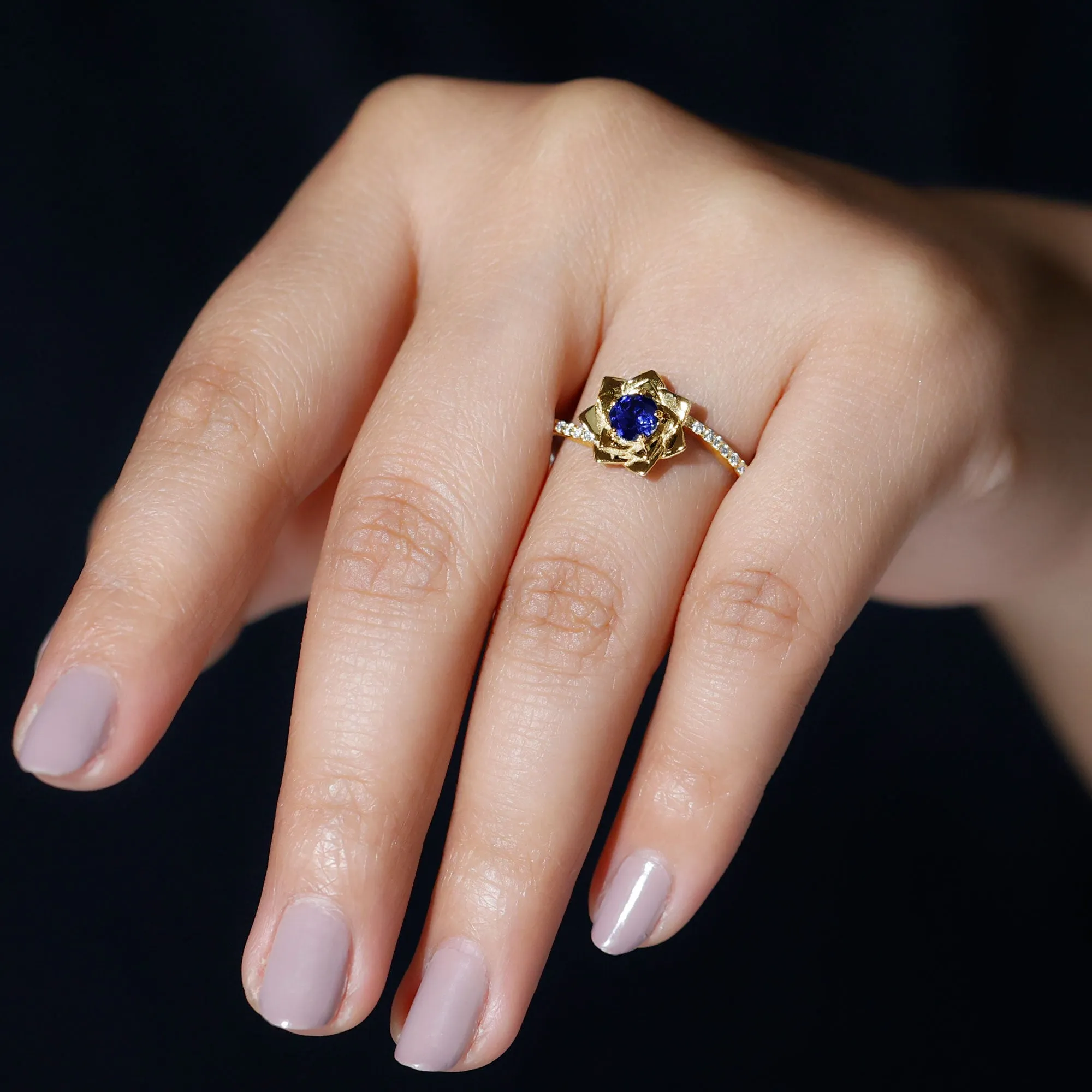 Lab Grown Blue Sapphire and Diamond Flower Bypass Ring