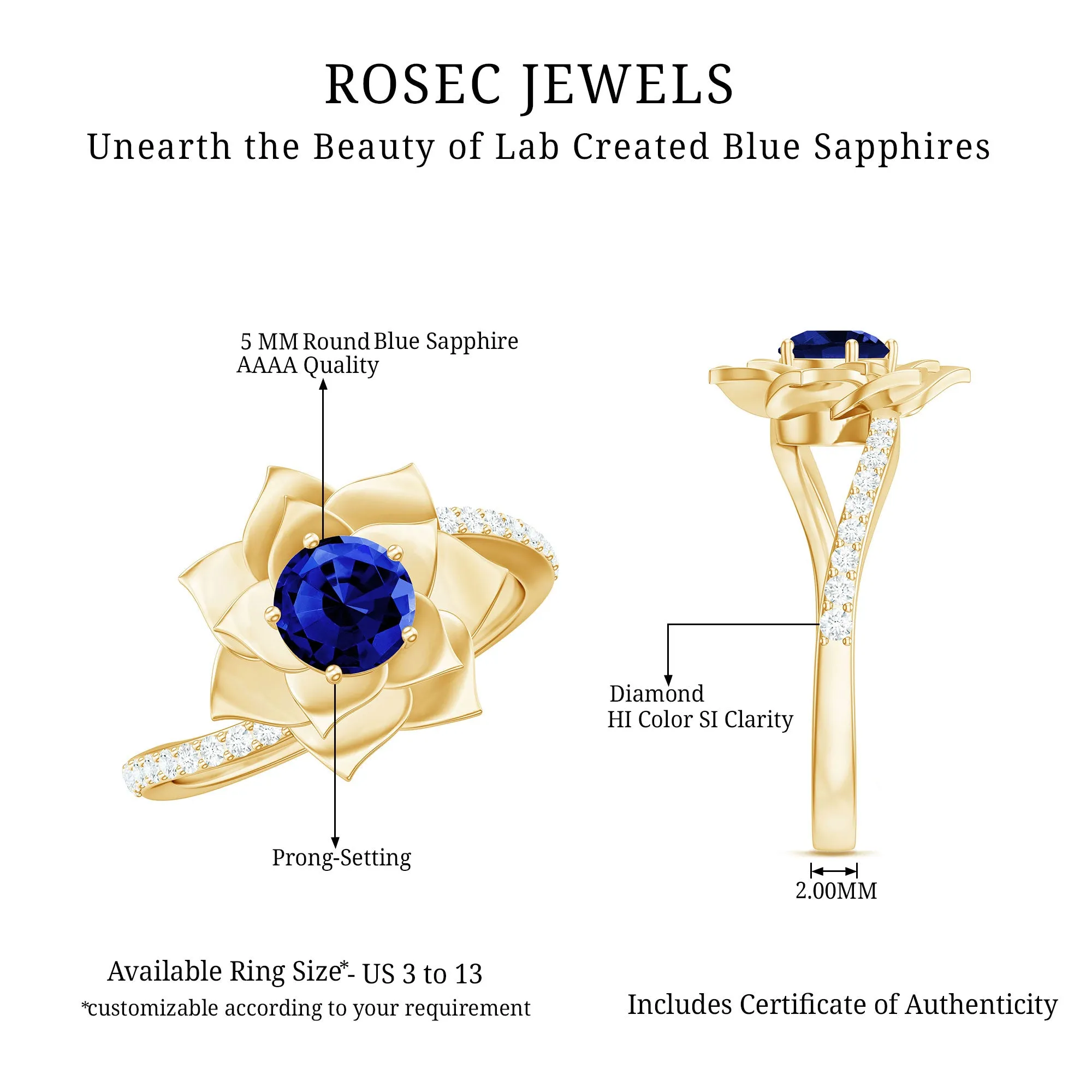 Lab Grown Blue Sapphire and Diamond Flower Bypass Ring