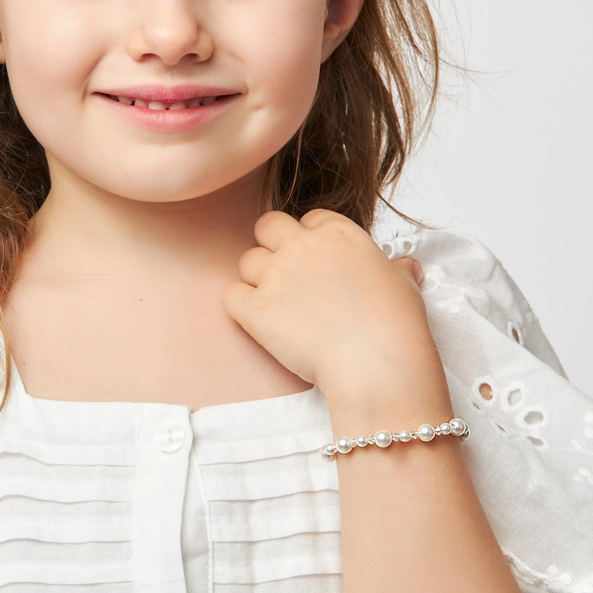 Little Girl Toddler Bracelet with White Pearls & Clear Crystals