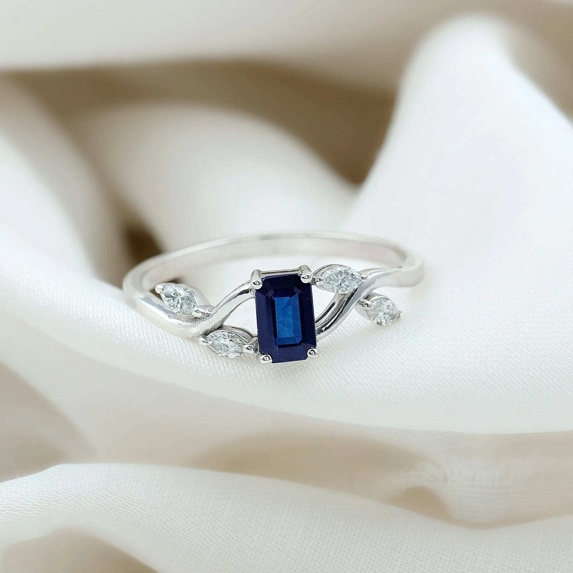 Octagon Cut Blue Sapphire Solitaire Engagement Ring with Diamond