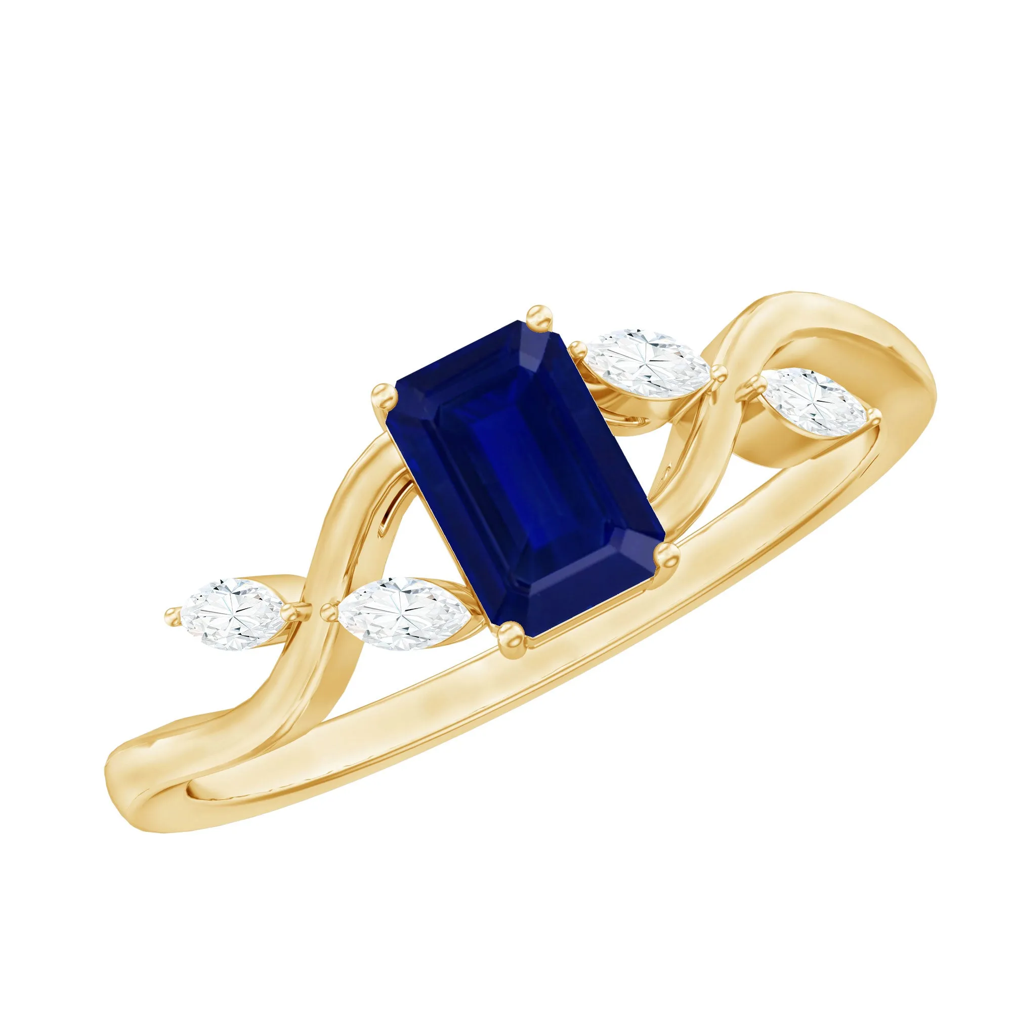 Octagon Cut Blue Sapphire Solitaire Engagement Ring with Diamond