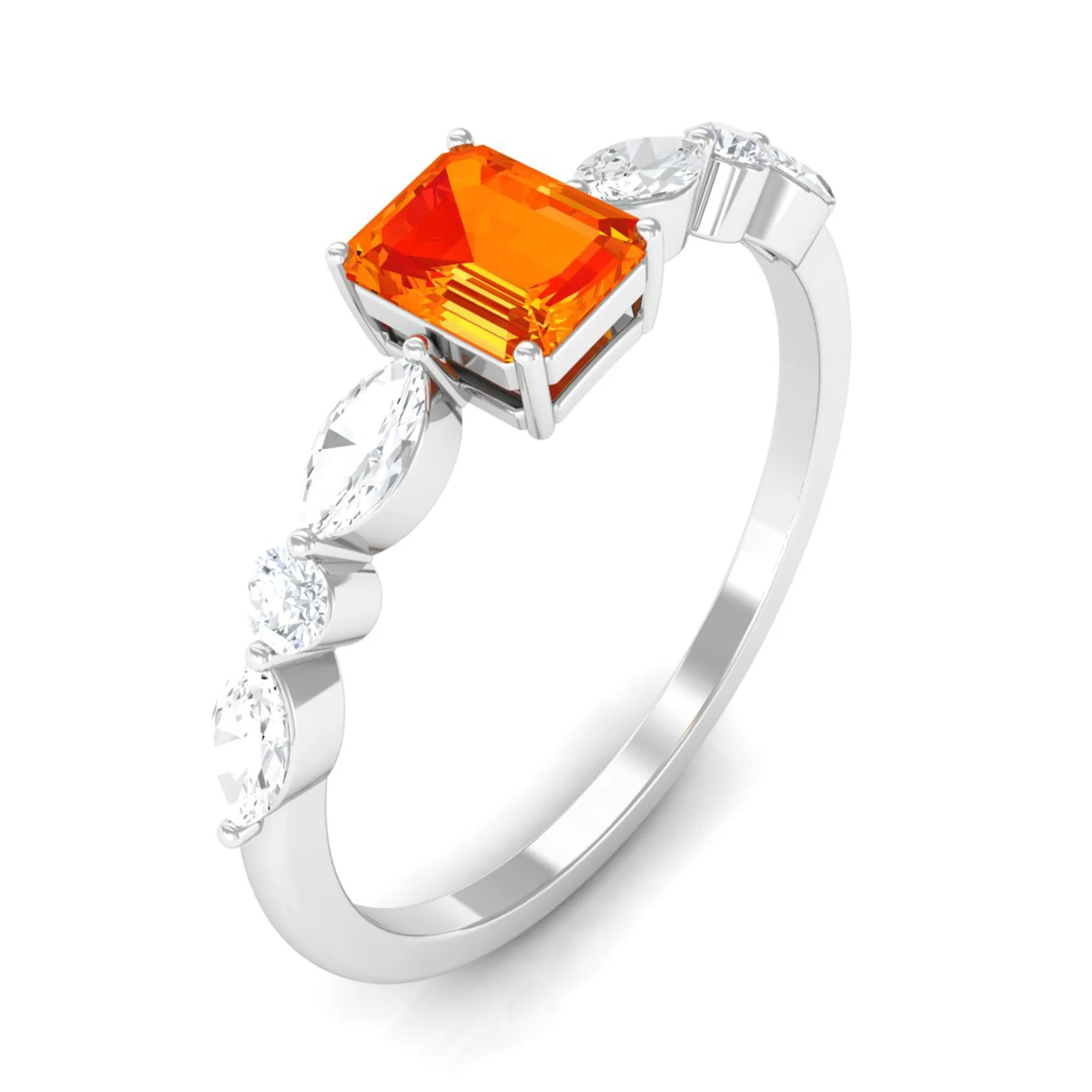 Octagon Cut Orange Sapphire Promise Ring with Diamond Side Stones