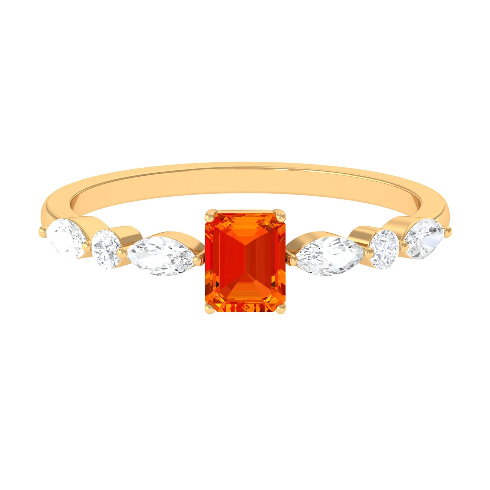 Octagon Cut Orange Sapphire Promise Ring with Diamond Side Stones