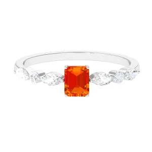 Octagon Cut Orange Sapphire Promise Ring with Diamond Side Stones