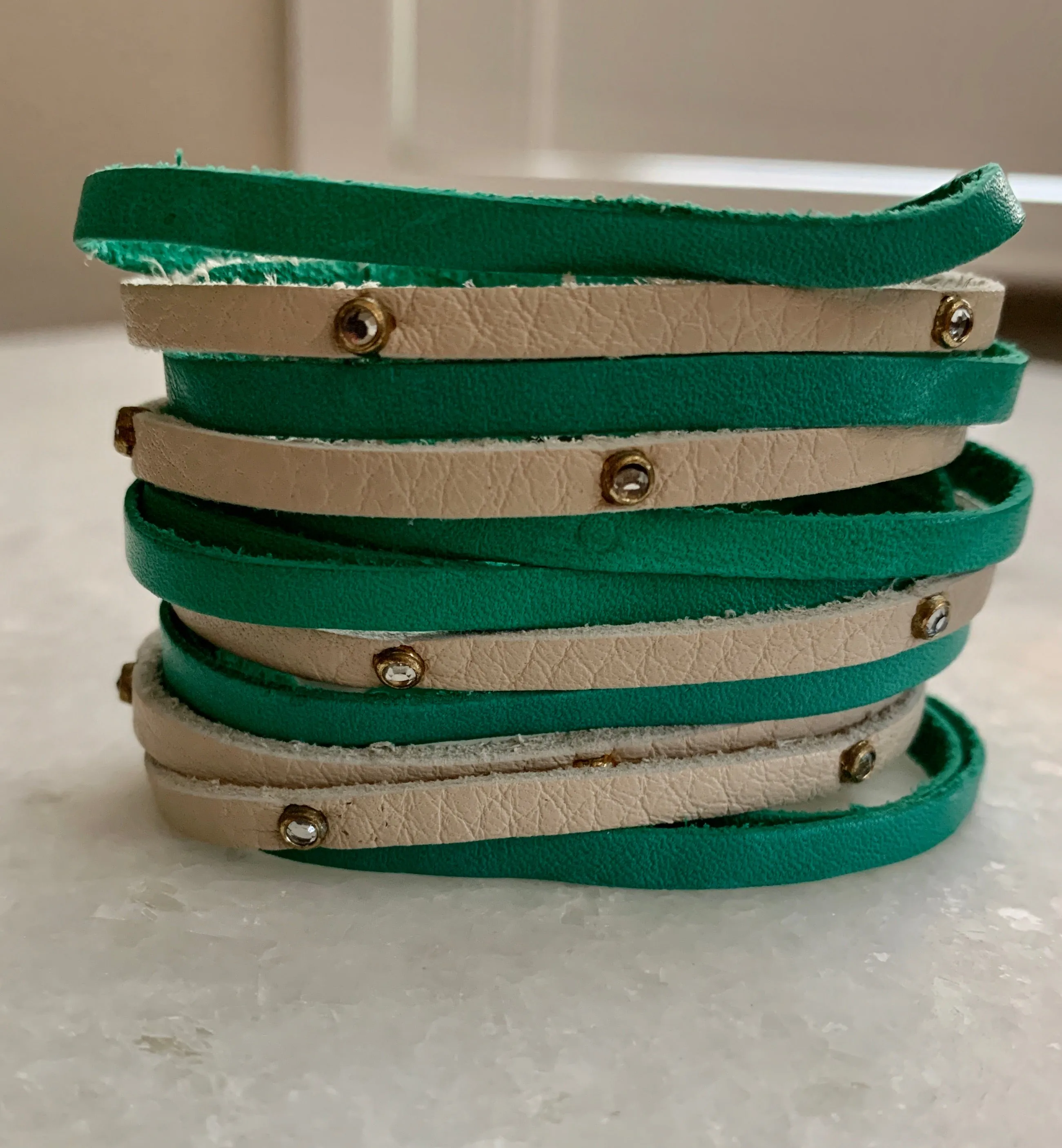 Off White & Persian Green Leather Bracelet