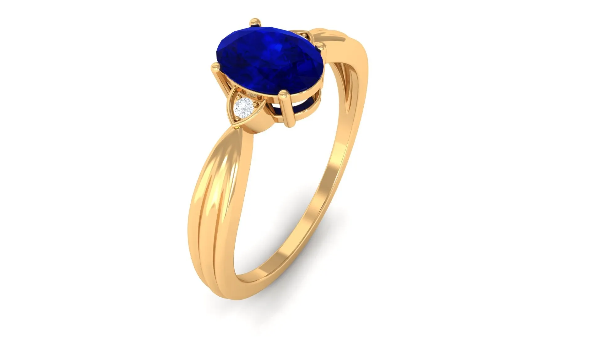 Oval Shape Real Blue Sapphire Solitaire Ring with Diamond