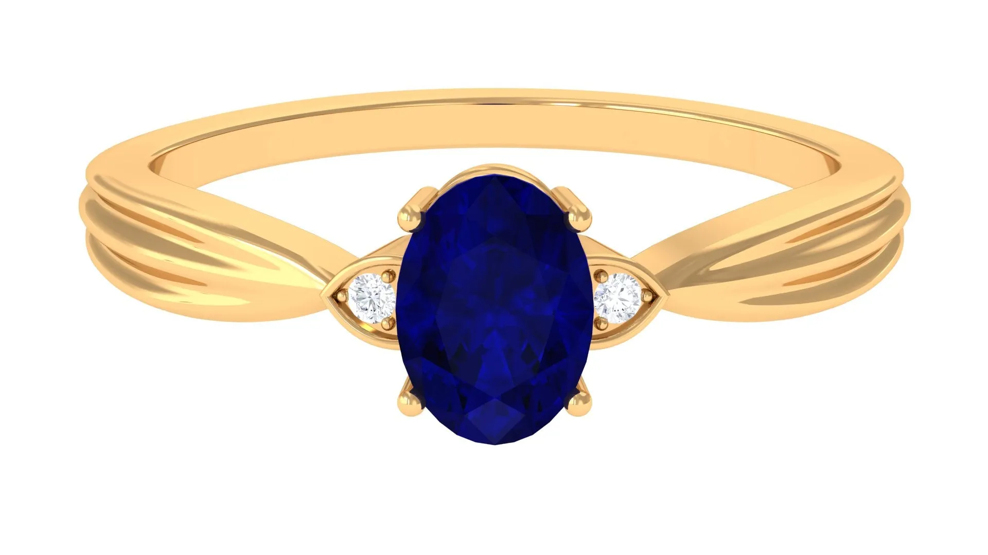 Oval Shape Real Blue Sapphire Solitaire Ring with Diamond