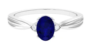 Oval Shape Real Blue Sapphire Solitaire Ring with Diamond