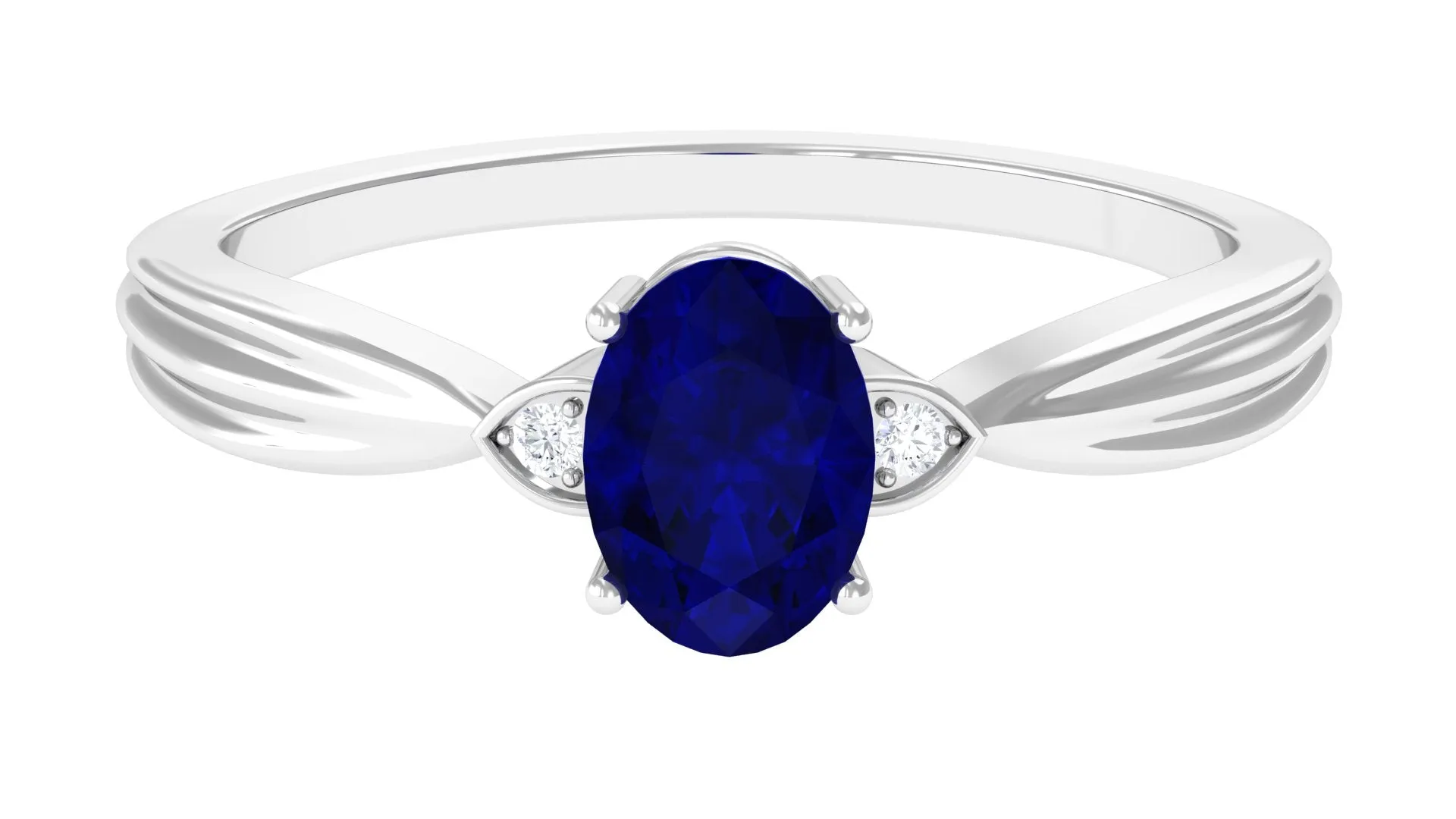 Oval Shape Real Blue Sapphire Solitaire Ring with Diamond