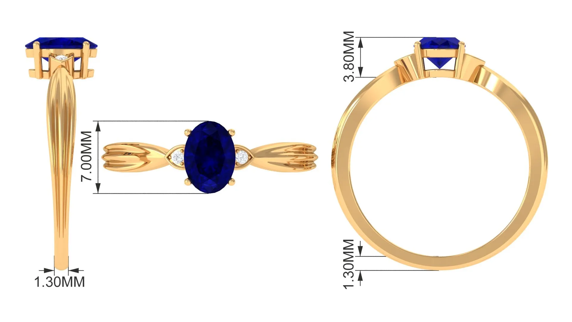 Oval Shape Real Blue Sapphire Solitaire Ring with Diamond