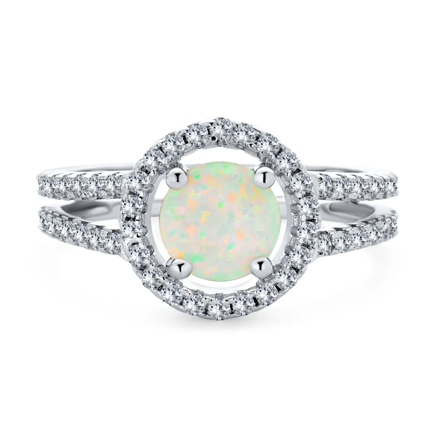 Pave CZ Halo 3CT Round Solitaire Opal Engagement Ring with Split Shank Band