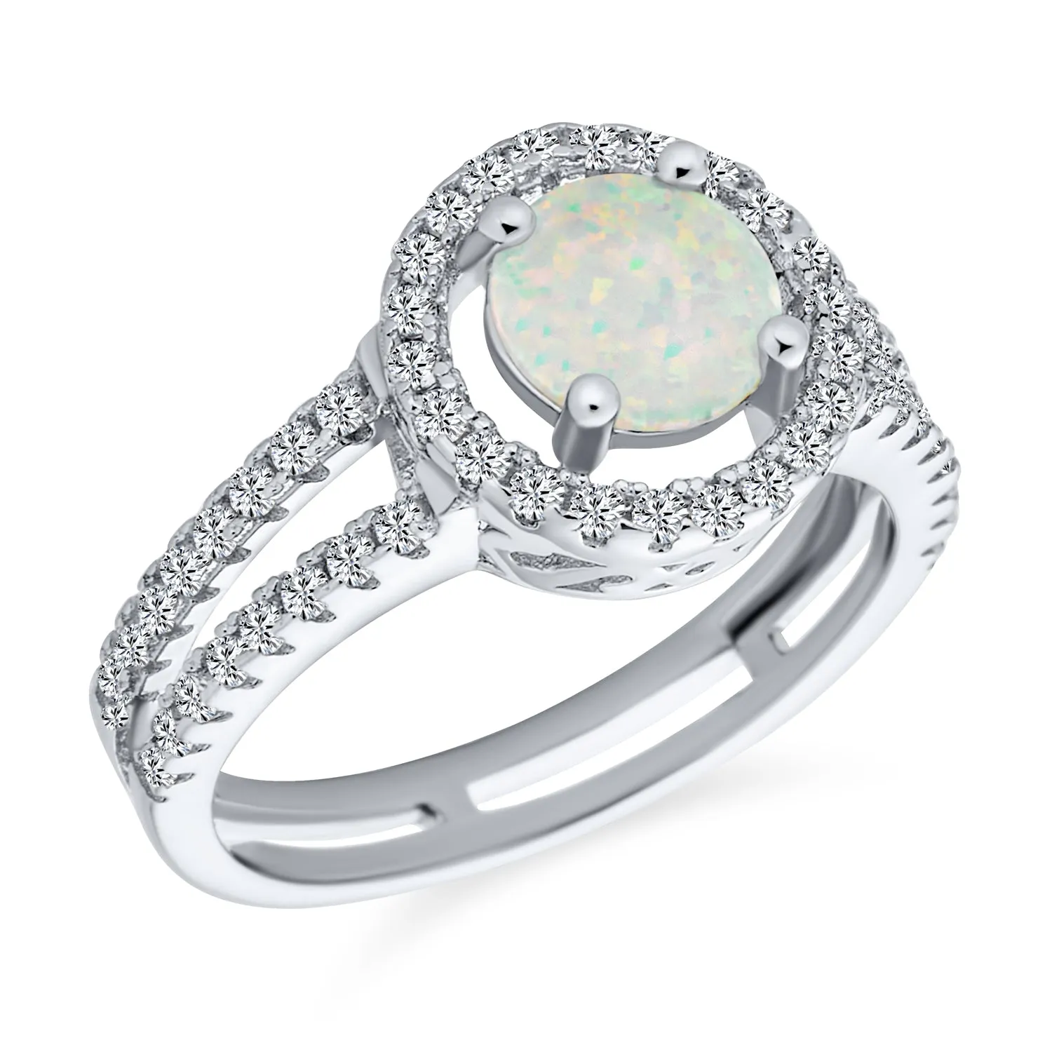 Pave CZ Halo 3CT Round Solitaire Opal Engagement Ring with Split Shank Band