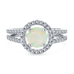 Pave CZ Halo 3CT Round Solitaire Opal Engagement Ring with Split Shank Band