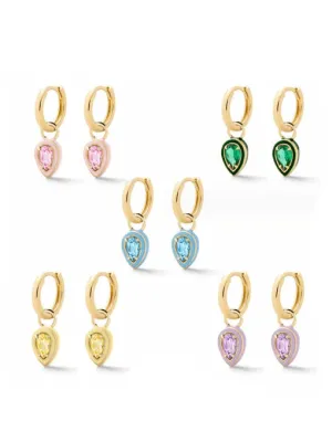 Pear Shape Hoop Earrings 18K Gold Plated 925 Sterling Silver Colorful Enamel Cubic Zirconia Charm Earrings