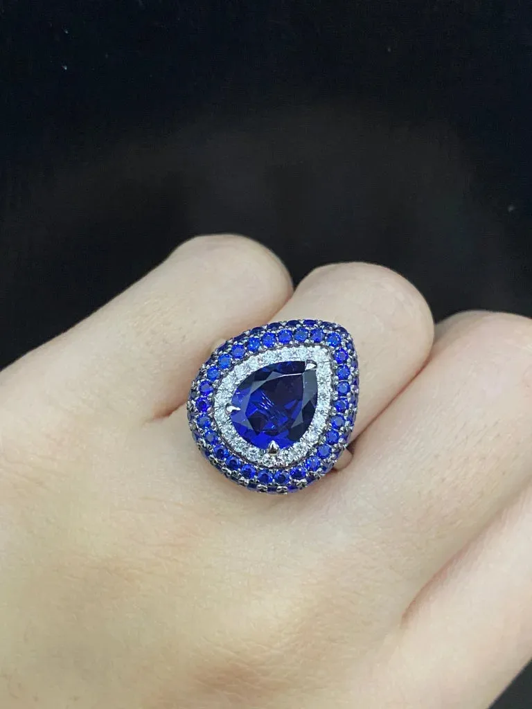 PREORDER | Pear Blue Sapphire Gemstones Diamond Ring 14kt