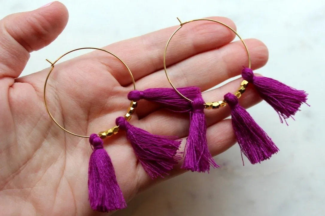 Purple Fringe Earrings, Purple Tassel Earrings, Purple Tassel Jewelry, Purple and Gold Jewelry, Purple and Gold Earrings, Gold Hoop Earrings