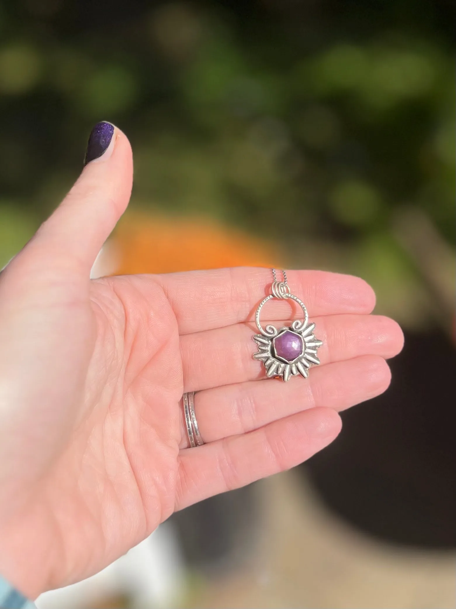 Purple Sapphire Hexagon Sunburst Pendant