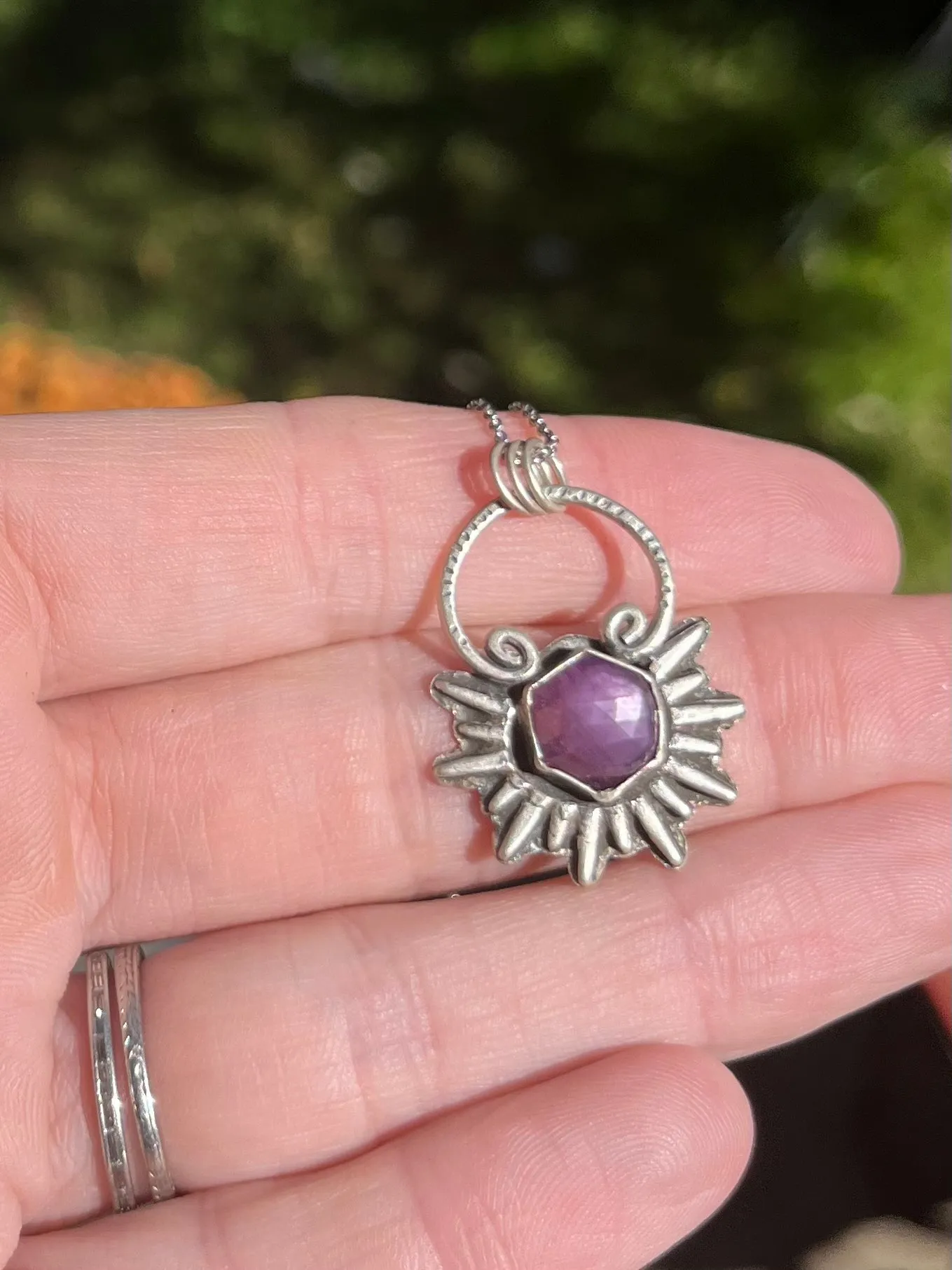 Purple Sapphire Hexagon Sunburst Pendant