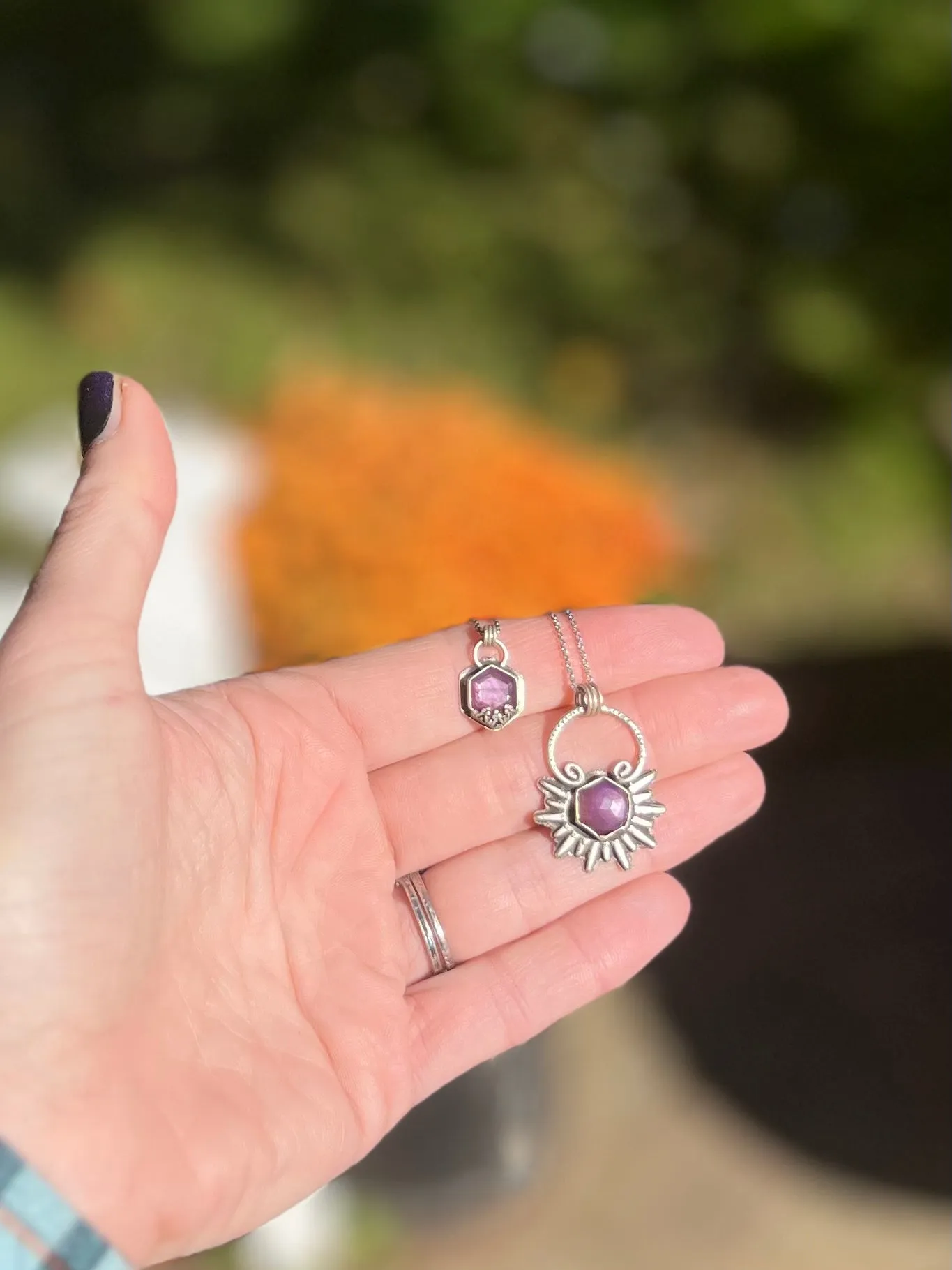 Purple Sapphire Hexagon Sunburst Pendant