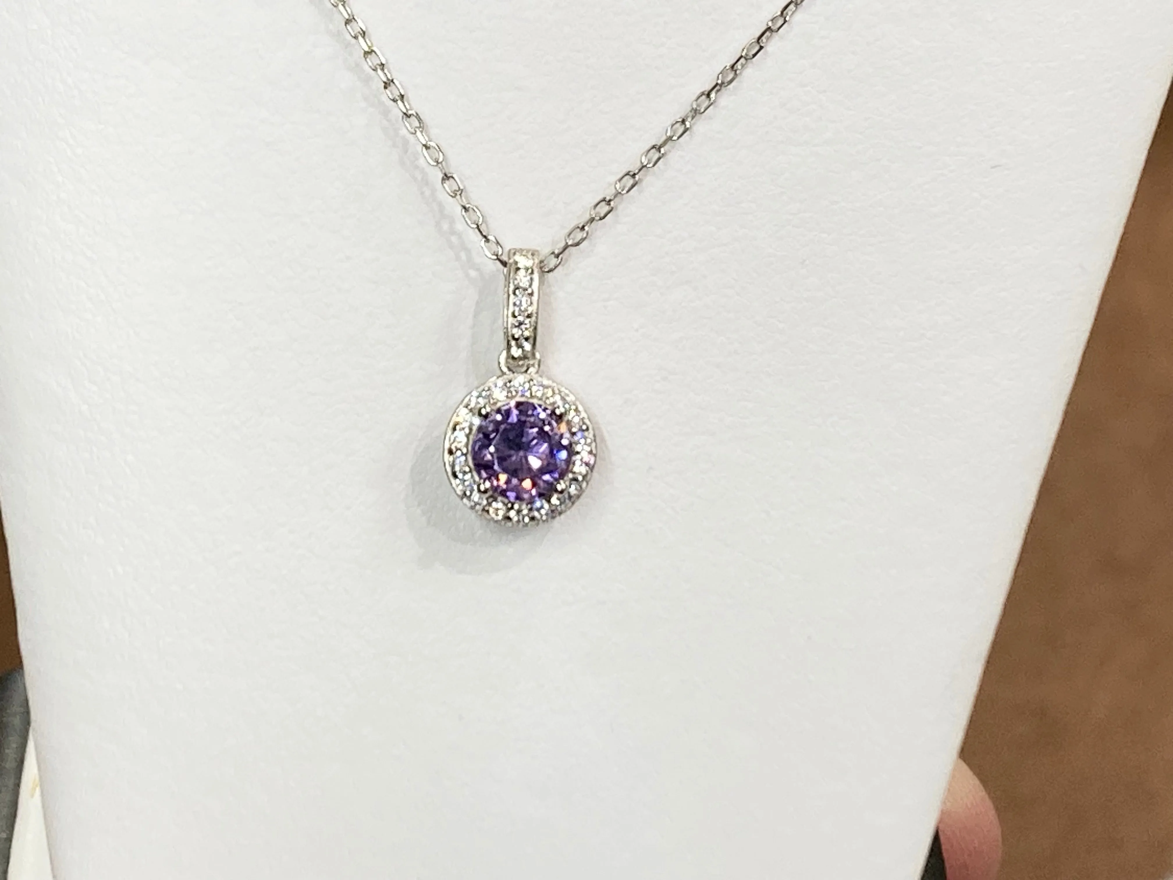 Purple Swarovski Zirconia Silver Halo Pendant With Chain