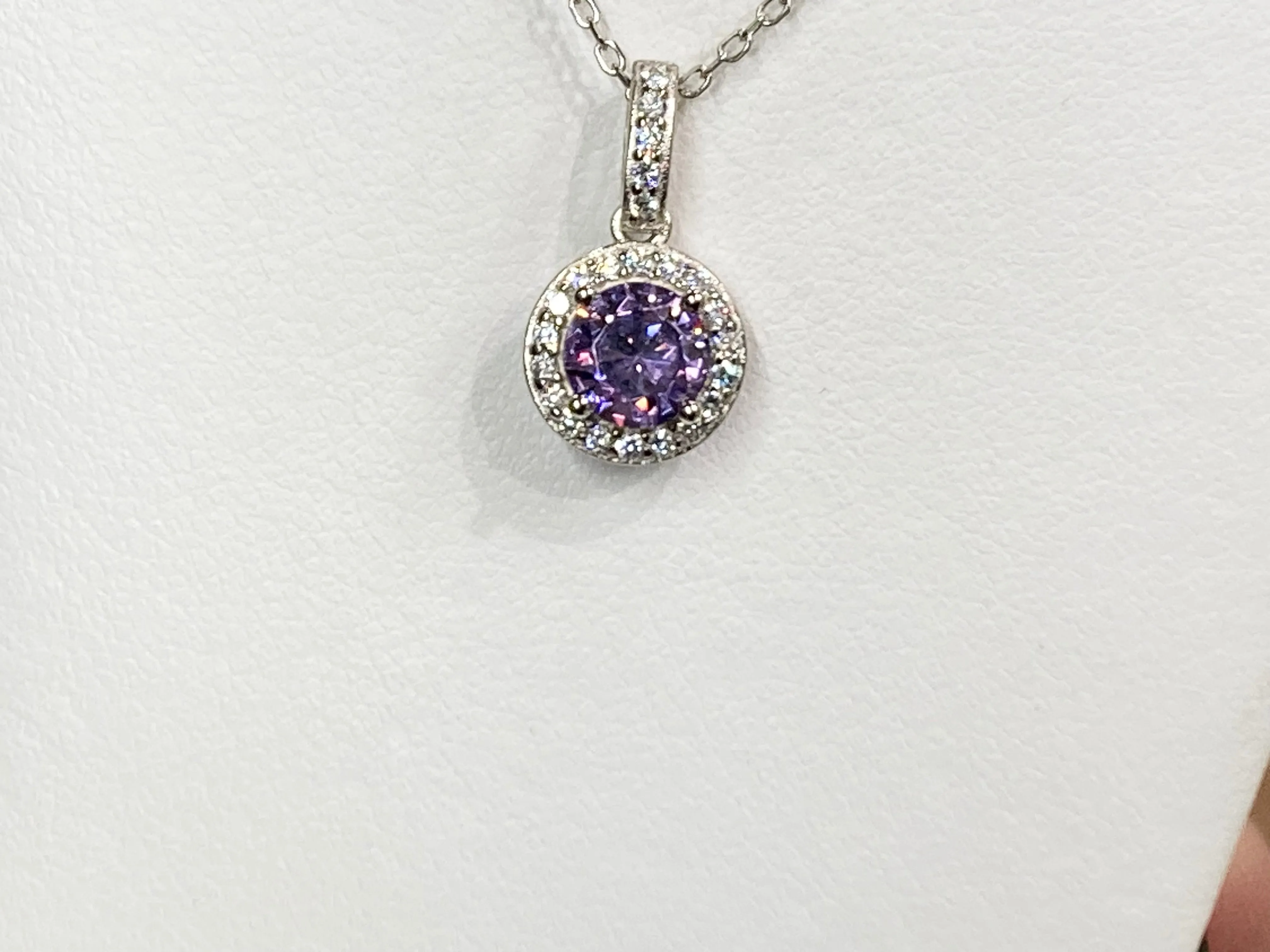 Purple Swarovski Zirconia Silver Halo Pendant With Chain