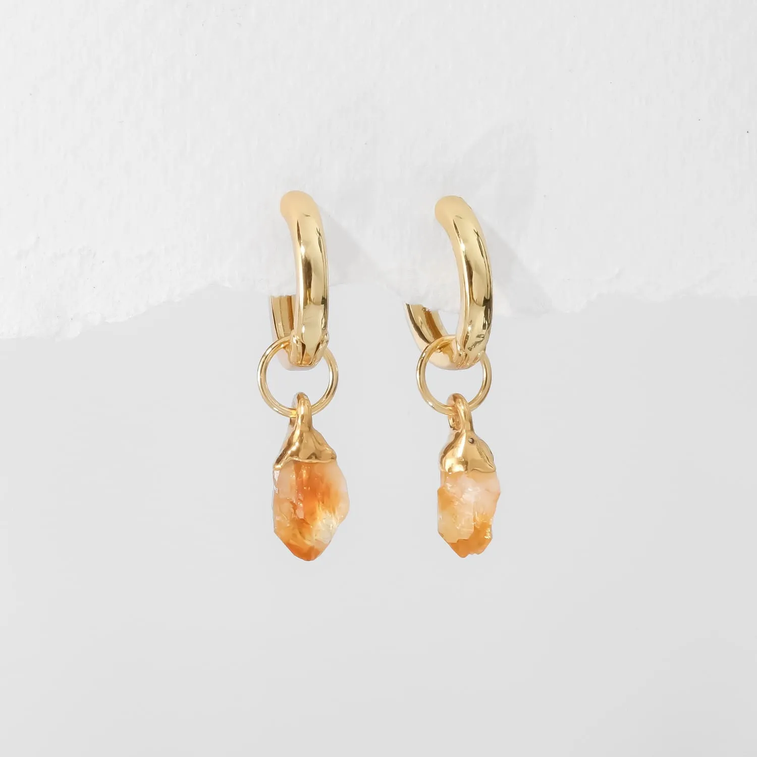 Raw Citrine Huggie Earrings • Chunky 14k Gold Filled Hoops • Non Tarnish Waterproof • Minimalist Summer Aesthetic • Edgy Daily Wear