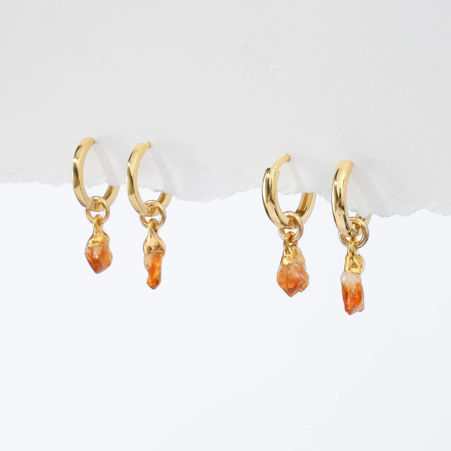 Raw Citrine Huggie Earrings • Chunky 14k Gold Filled Hoops • Non Tarnish Waterproof • Minimalist Summer Aesthetic • Edgy Daily Wear