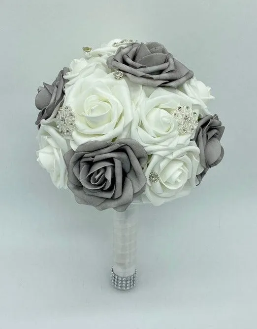 RE-055 ~ Silver White Real Touch Roses Brooch Bouquet or DIY KIT